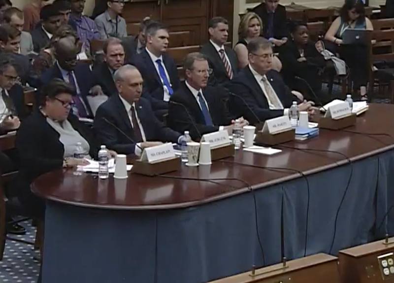 The four witnesses at today’s hearing. From left to right, Cristina T. Chaplain, director of Contracting and National Security Acquisitions, GAO; Stephen Jurczyk, associate administrator, NASA; Paul K. Martin, inspector general, NASA; Daniel L. Dumbacher, executive director, American Institute of Aeronautics and Astronautics